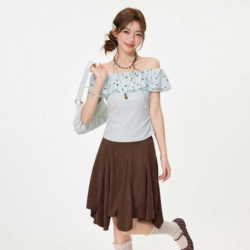 Stylish Light Green Polka Dot Ruffle Off-Shoulder Short-Sleeve T-Shirt 2026 Spring/Summer Slim-Fit Short Top for Women Stylish Light Green Polka Dot Ruffle Off-Shoulder Short-Sleeve T-Shirt 2026 Spring/Summer Slim-Fit Short Top for Women