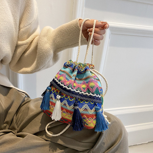 Bohemian drawstring water bucket bag  new rainbow striped color-blocking flow single-shoulder crossbody bag for women