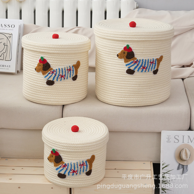 Cute Puppy Storage Basket Woven Cotton Rope Frame Large Capacity Dustproof Storage Bucket with Lid Desktop Dustproof Ornament Storage