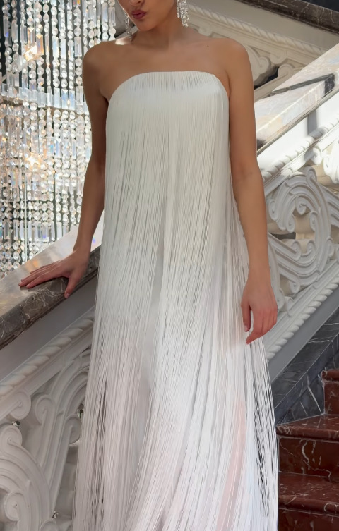 Elegant Strapless Fringe Evening Gown, Flowy Party Dress For Women, Bodycon Midi Dress In Sky Blue, Pink, White_ecoleips.com