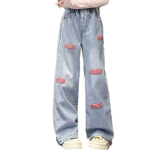 2024 Girls Embroidered Letters Wide Leg Pants Pink MIN Towel Embroidered Jeans