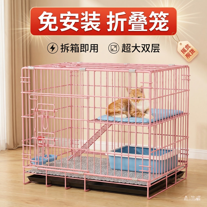Cat Cage for Home Use, Indoor, Extra Large Space, Reinforced and Thickened, with Integrated Toilet, Double-Layer Wire Cat Villa Cage
