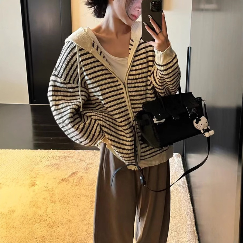 杏色抽绳连帽条纹针织开衫女2025新秋季韩版宽松百搭上衣外套|undefined