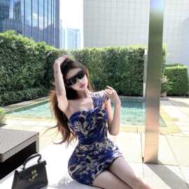 适美名媛风蓝色豹纹性感气质吊带连衣裙女夏季褶皱包臀裙短裙