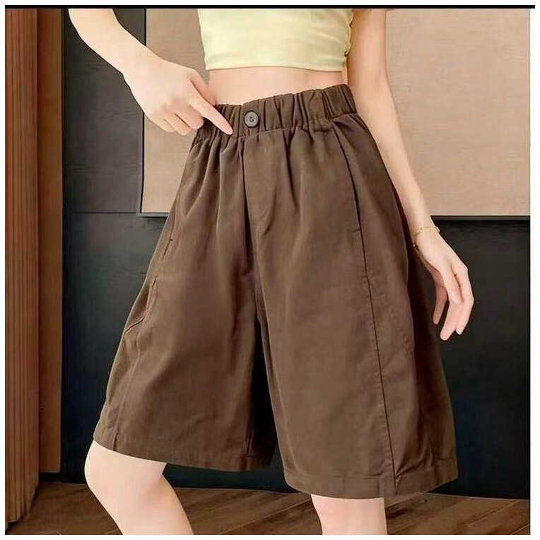 Women's Summer Thin Washed Cotton High-Waisted Elastic Loose Slimming Plus-Size Versatile Casual Over-The-Knee Wide-Leg Shorts Women's Summer Thin Washed Cotton High-Waisted Elastic Loose Slimming Plus-Size Versatile Casual Over-The-Knee Wide-Leg Shorts