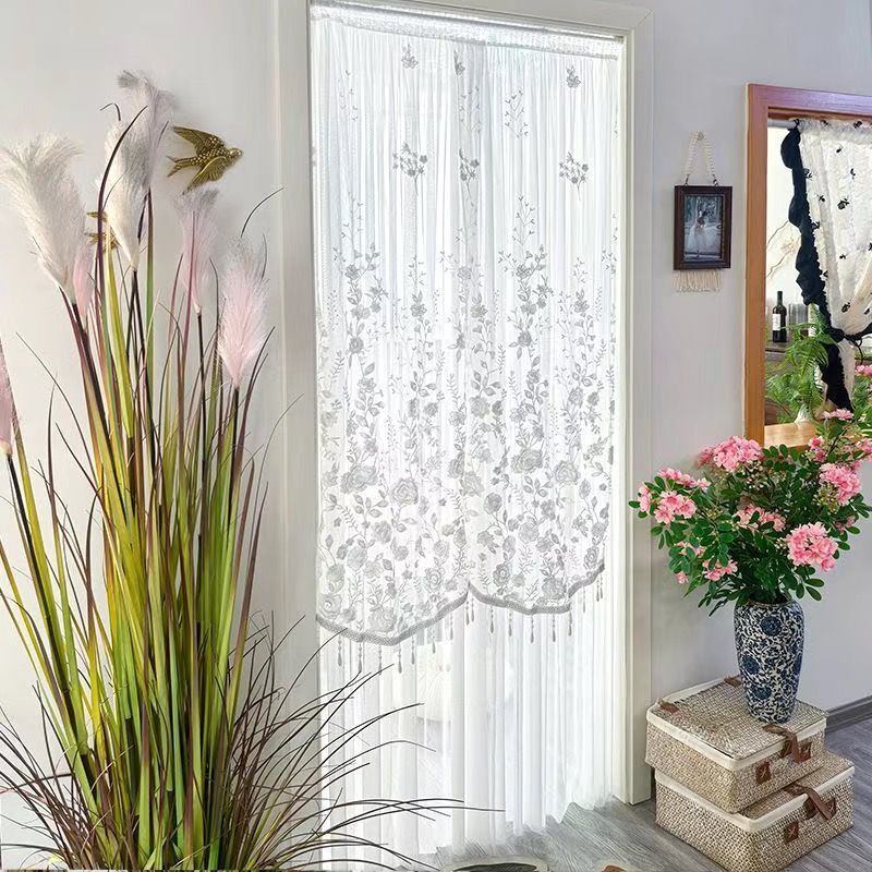 Four-Fold Pleated Double-Layer Door Curtain, Summer Mosquito-Proof Lace Sheer Curtain, Light Luxury, No-Drill Bedroom Magic Tape Home Window Curtain