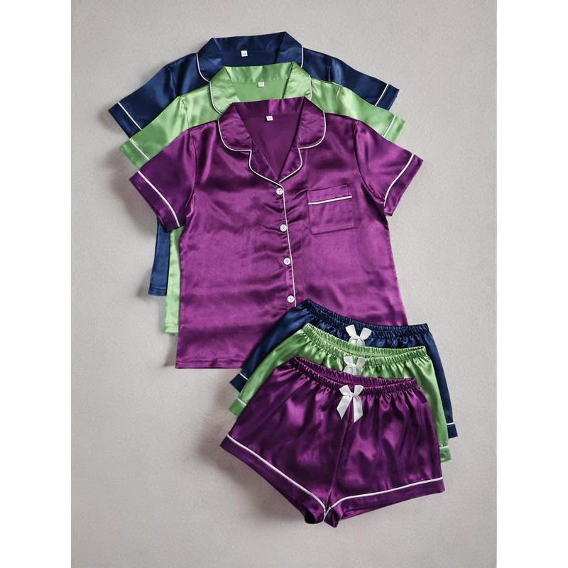 T 54959 Silk Like Long Sleeve Pajama Set Simulated Silk Pajama Set