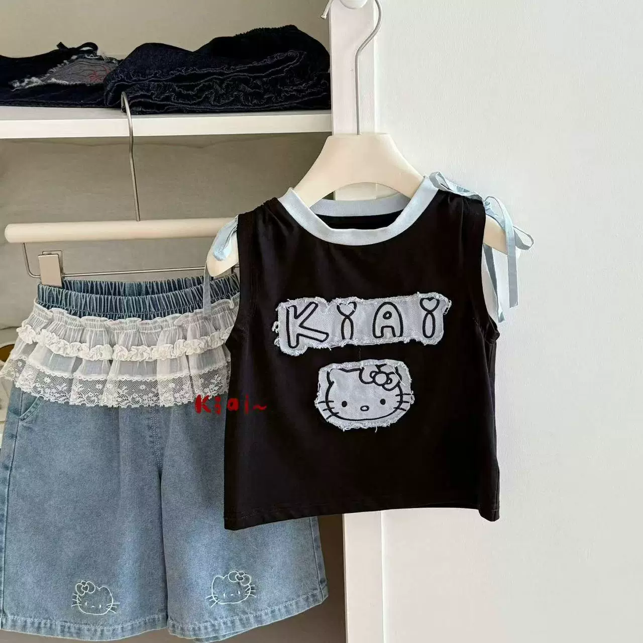 Hello kitty, кремовая летняя милая мультяшная майка на бретелях, футболка, детская одежда