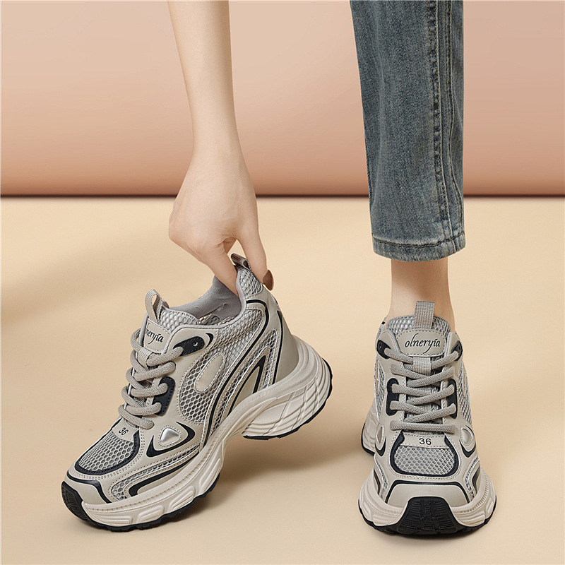 Giày sneaker nữ đế dày Diddy 2026 mới mùa hè, lưới thoáng khí, tăng chiều cao, nhẹ — 7009-5 Xám Lan, 7009-5 Màu be
