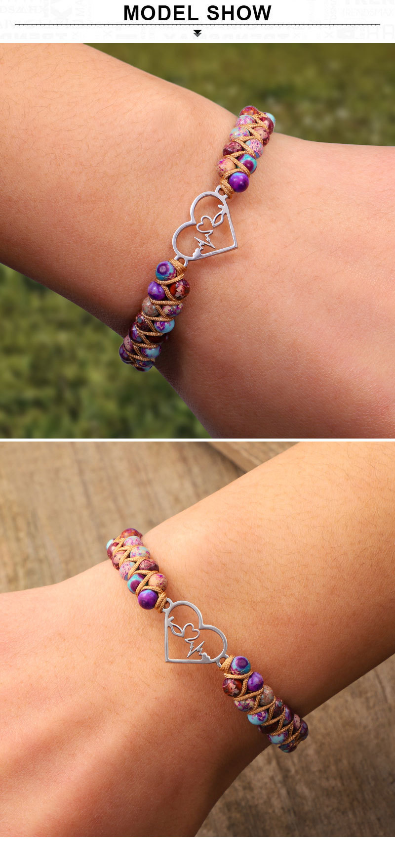 Fashion Heart Shape Stainless Steel Emperor Stone Knitting Bracelets 1 Piece