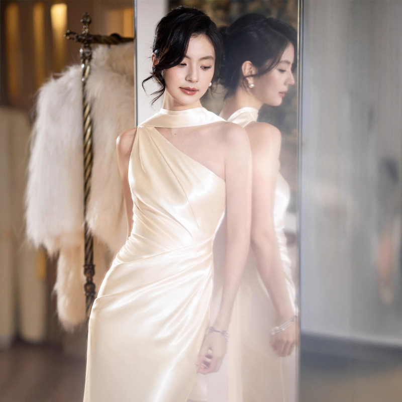 Toast Dress, Engagement Dress, Women's French-Style One-Shoulder Dress, Elegant Dressing Gown, High-End Bridal Wedding Toast Dress