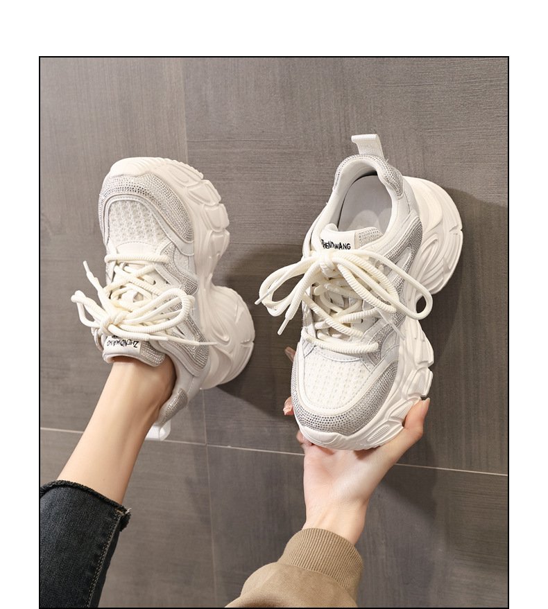 Giày sneaker nữ đế dày tăng chiều cao phong cách thể thao đính đá rhinestone — màu trắng chi tiết 14