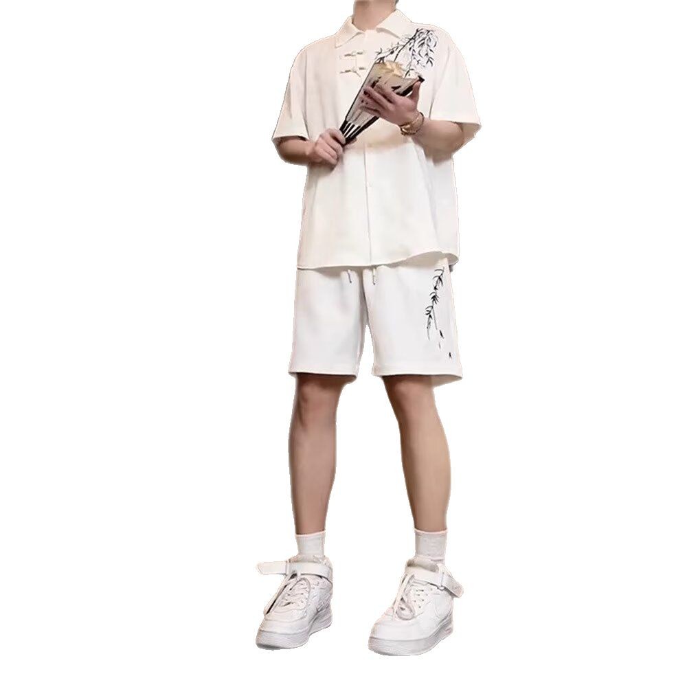 New Chinese style bamboo suit men's shirt short sleeve shorts straight tube drape ice silk whole set of foreign trade cross-border wholesale