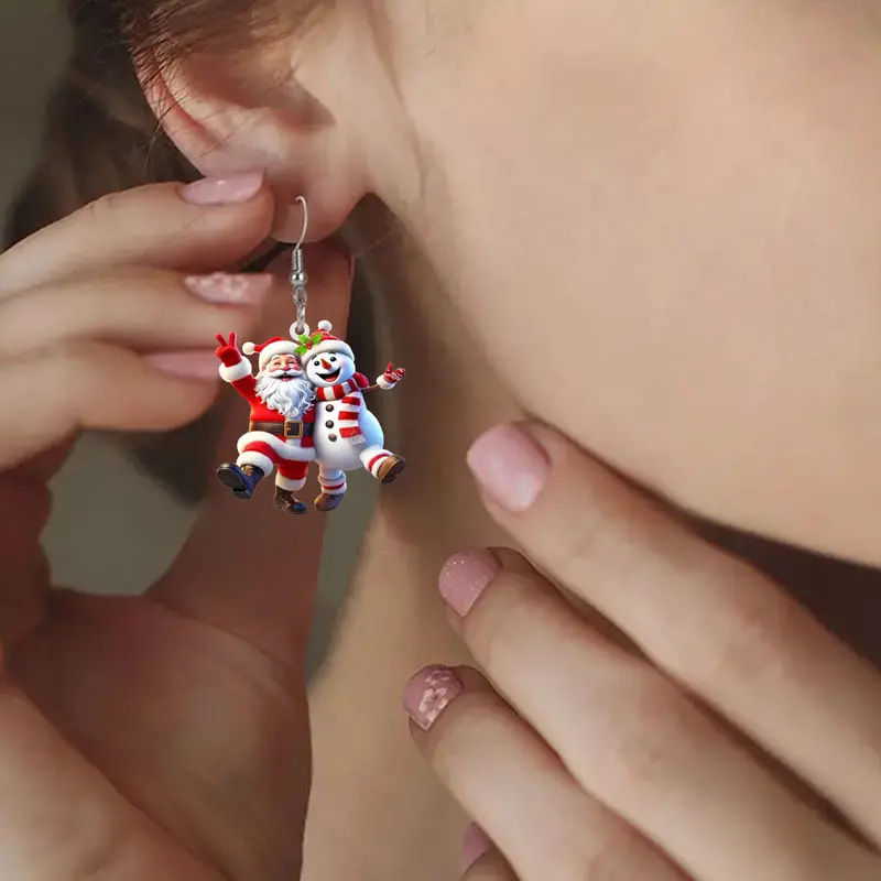 304 Stainless Steel Ear Needle Material 1 Pair Cute Santa Claus Snowman Arylic Drop Earrings