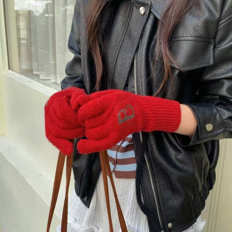 25秋冬新长款分指保暖女ins漏指骑行防寒爱心字母标针织毛线手套|undefined