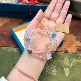 粉晶茶晶绿幽灵天河石紫晶红兔毛多宝白水晶蝴蝶两圈手链手串