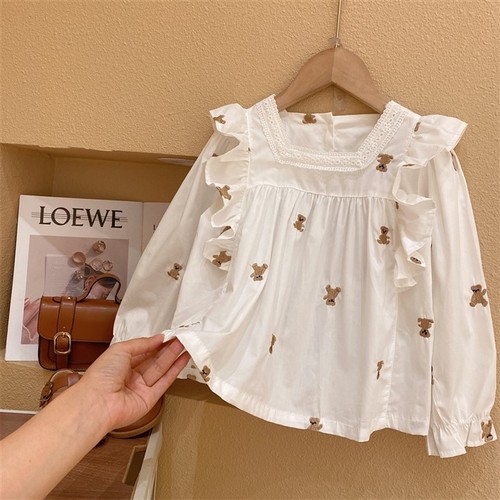 Girls shirt suit new children's square collar lace embroidered bear shirt Korean style children's clothing trendy HH119