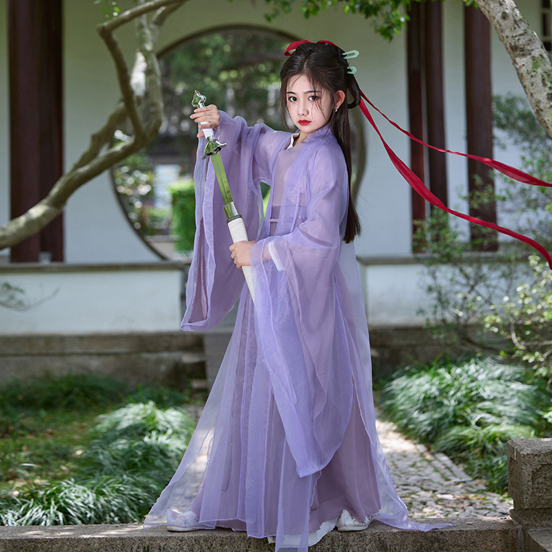 紫色女童汉服魏晋风直裾大袖衫小女孩仙气套装日常可穿古装战国袍|undefined