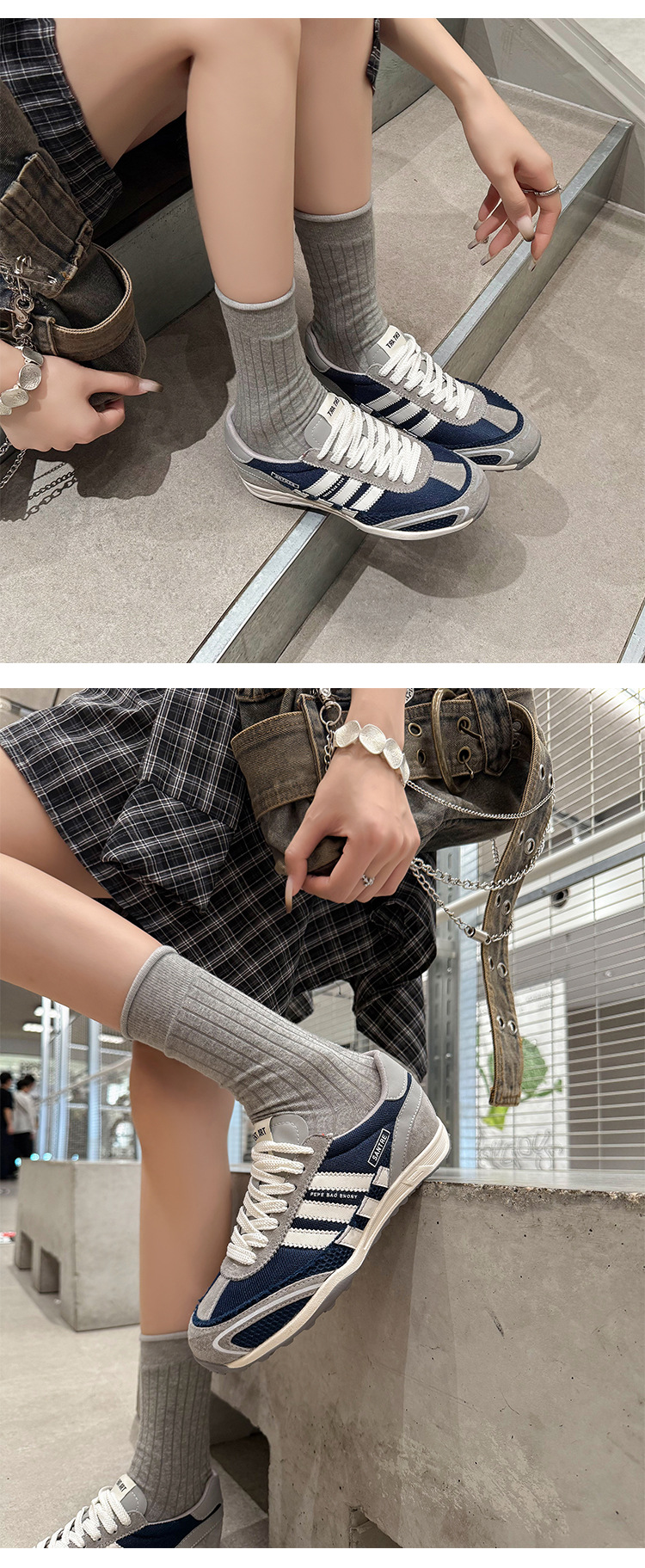 Giày sneaker nữ đế dày phong cách retro cổ điển, tăng chiều cao nhẹ, thoáng khí — xanh lam, màu đỏ chi tiết 11