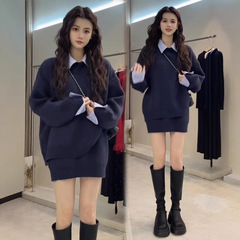 2025秋冬时尚针织套装女新款韩系半身裙假两件衬衫领拼接长袖毛衣