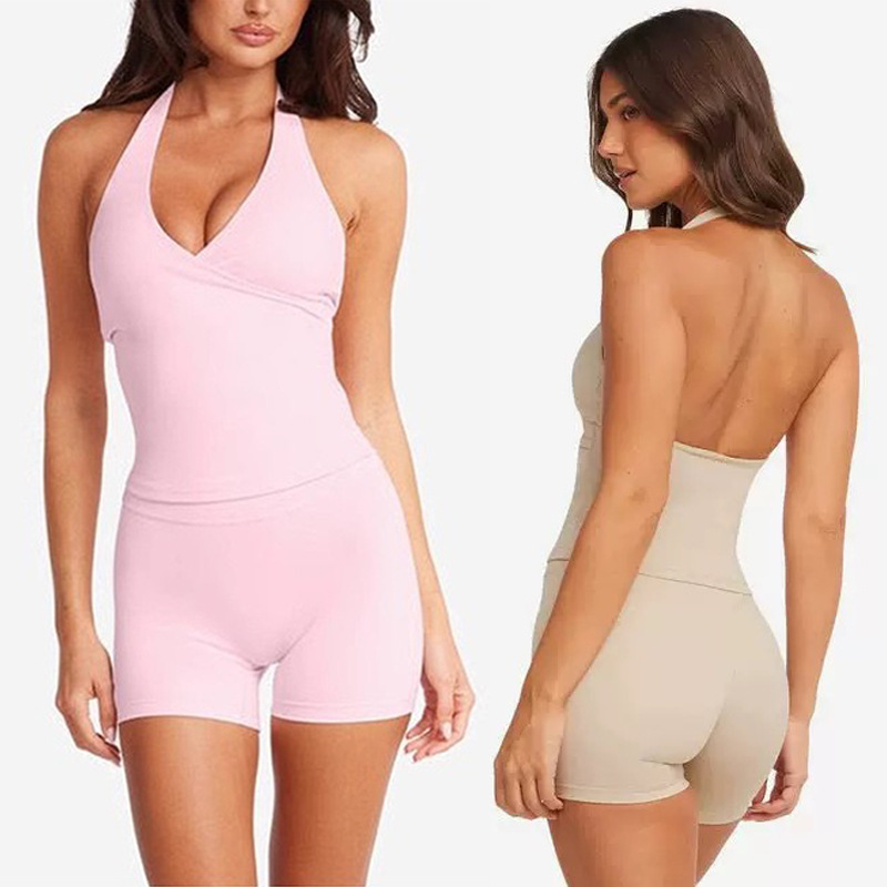 Cross-border European and American Sanding Yoga Chest Wrapping Vest High Waist Sports Shorts High Elastic Abdominal Hip-lifting Fitness Pants for Women