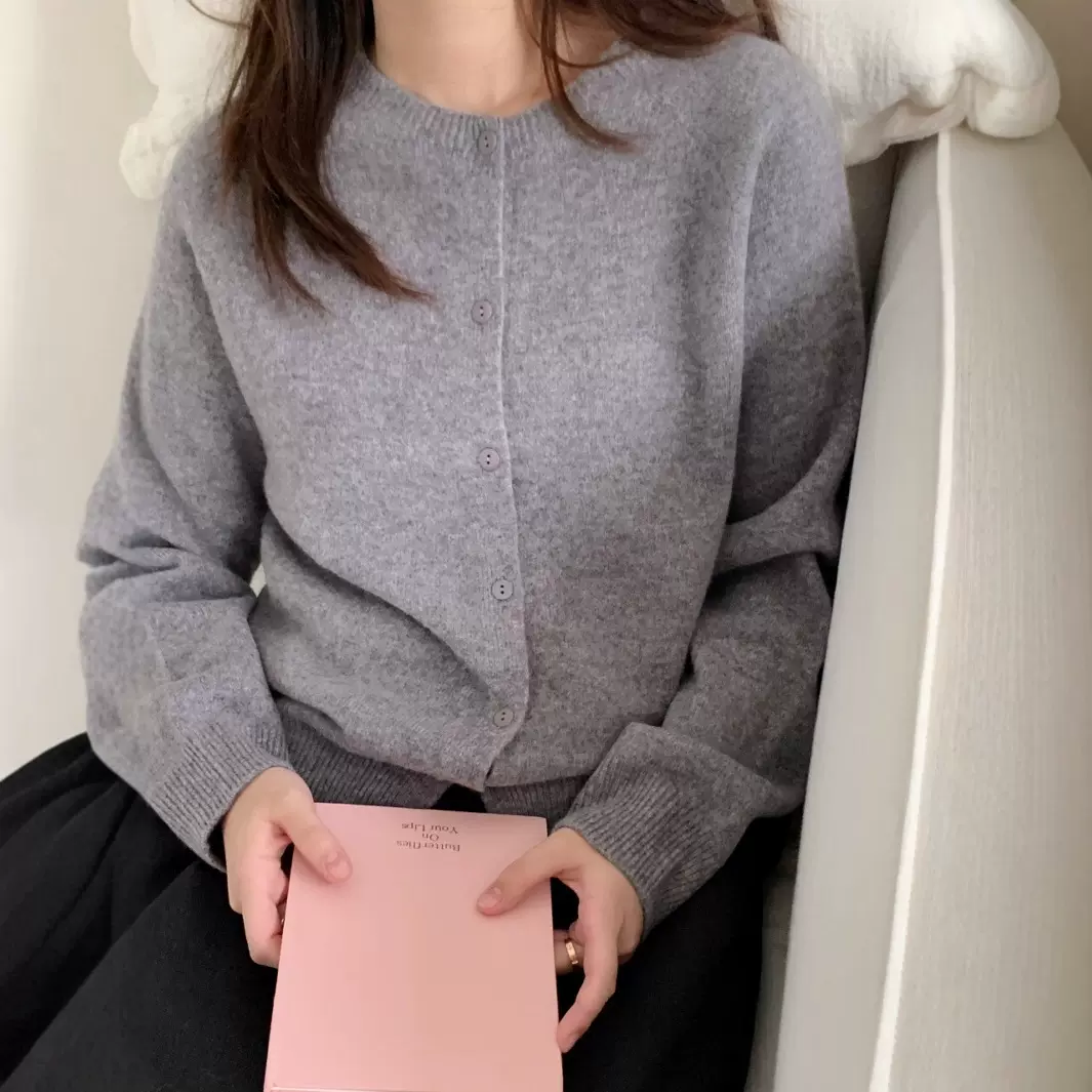无缝濮院100羊毛衫冬新品花纱圆领针织衫女开衫纽扣外套12针260g
