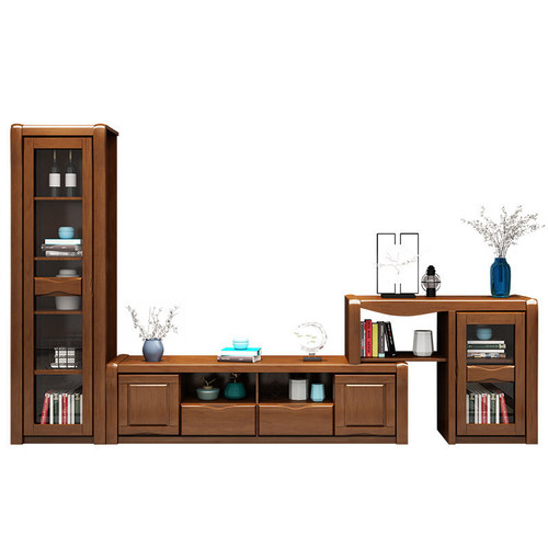 New Chinese style solid wood TV cabinet combination storage log modern simple rubber wood living room audio-visual cabinet furniture set