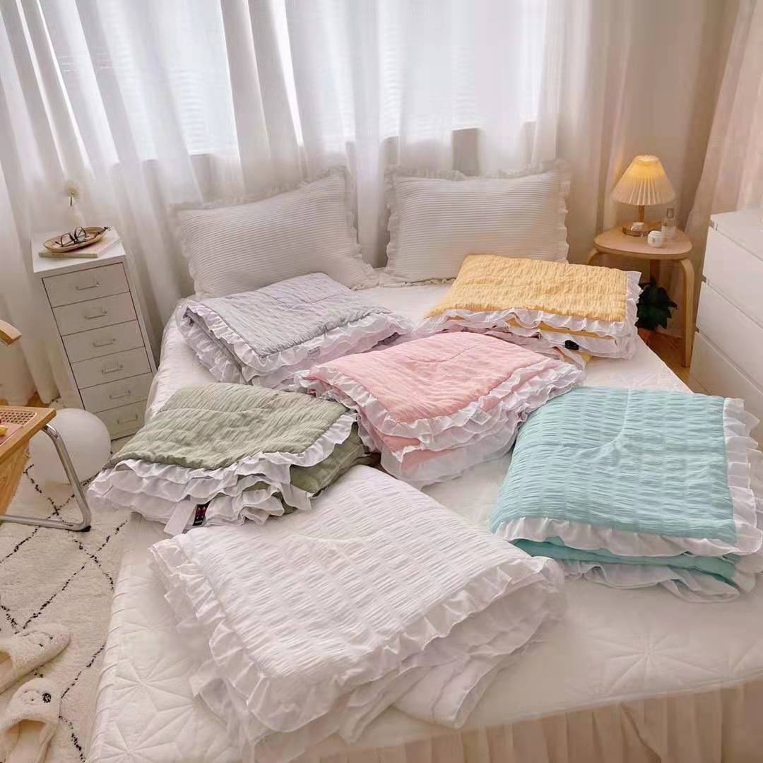 新款外贸专供公主风花边泡泡纱夏凉被荷叶边纯色夏被空调被批发