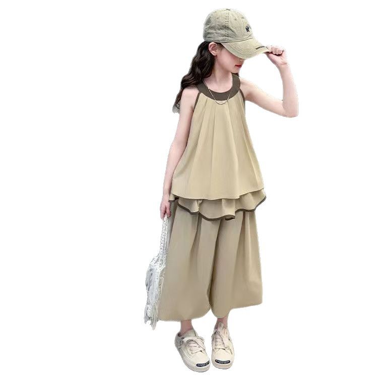 Traje para niñas Primavera y verano 2025 nuevo estilo estilo occidental chaleco sin mangas para niños pantalones anchos traje de dos piezas vestido de verano para niños de mediana edad