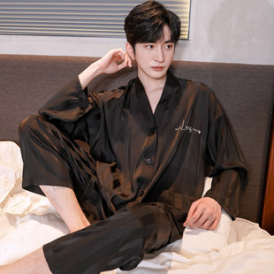 Ice Silk Pajamas Men's Spring & Fall Long-Sleeved Cardigan Simulated Silk Thin 2025 New Simple Home Wear Summer
