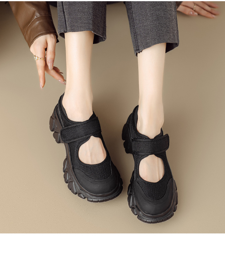 Giày Mary Jane nữ đế dày da thật quai ngang khóa Velcro — Đen + lưới, Đen + vải lụa chi tiết 11