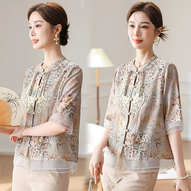 Летняя одежда для мам 2024: новые костюмы, рубашки с коротким рукавом, летние топы в китайском стиле для женщин среднего и старшего возраста