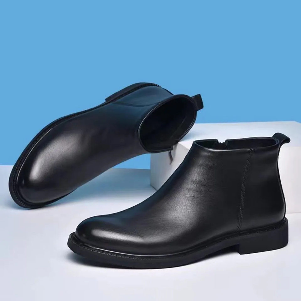 Giày bốt nam cổ cao kiểu Chelsea phong cách Anh, đế cao su chống trượt, gót thấp 1–3 cm — Giày một lớp màu đen, Màu đen lót nhung chi tiết 6