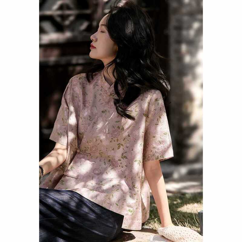 書香雅韻海棠錦衣色織花羅桑蚕糸新中式斜襟上衣女性用25夏シルクシャツ|undefined