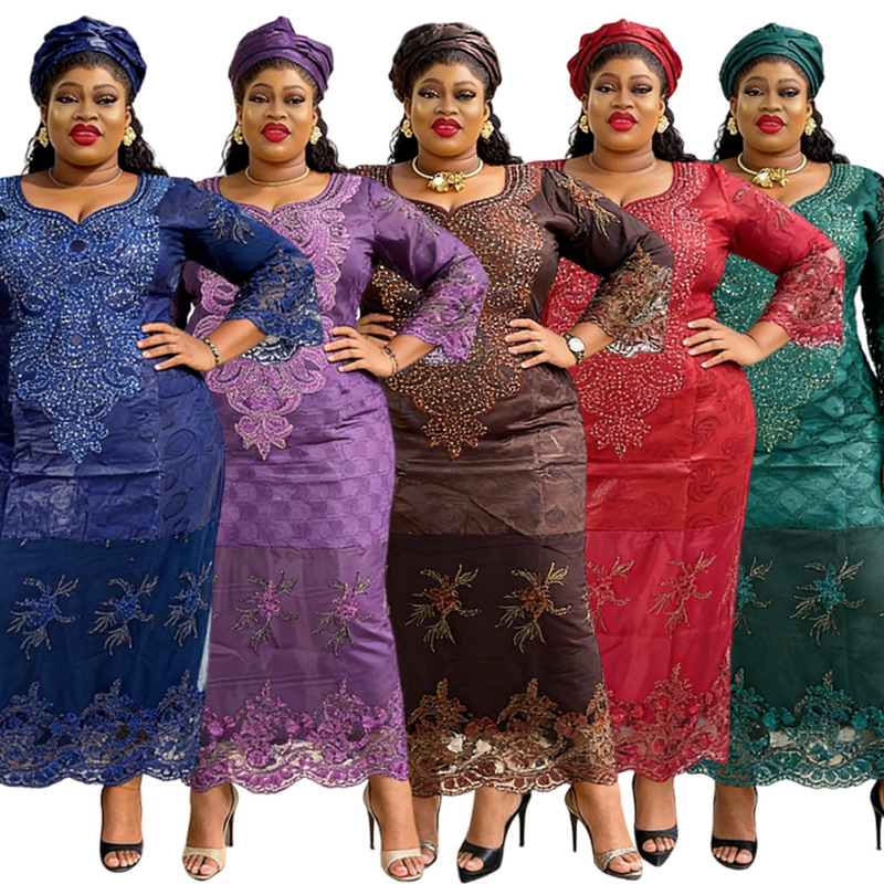 African cross-border Amazon and AliExpress plus-size women's clothing, long robe with headscarf, new foreign trade mesh patchwork dress
