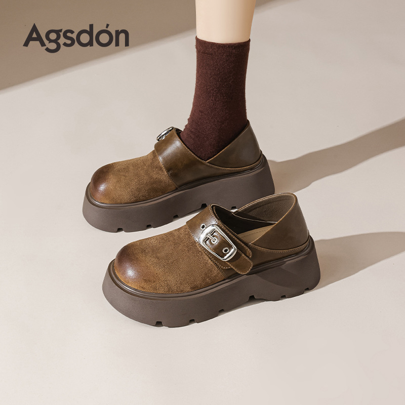 Augu ShiDeng zapatos Lefour de fondo grueso para mujeres 2025 nuevo otoño invierno retro zapatos marrones una sola cabeza de bolsillo un pie zapatos burkin