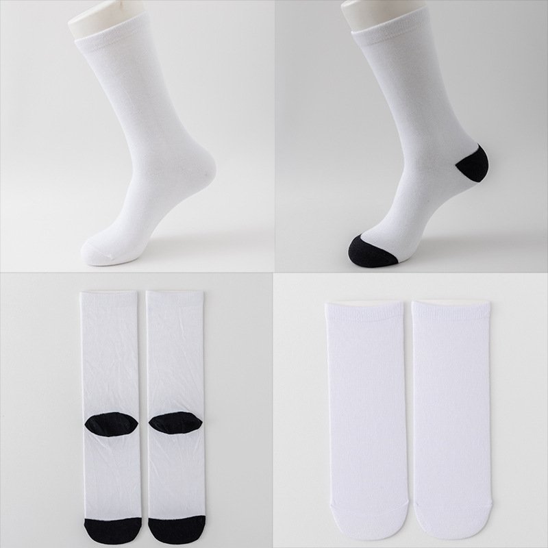 Amazon white embryo socks digital printing blank socks embryo sublimation transfer mid-calf flat needle black heel Terry socks