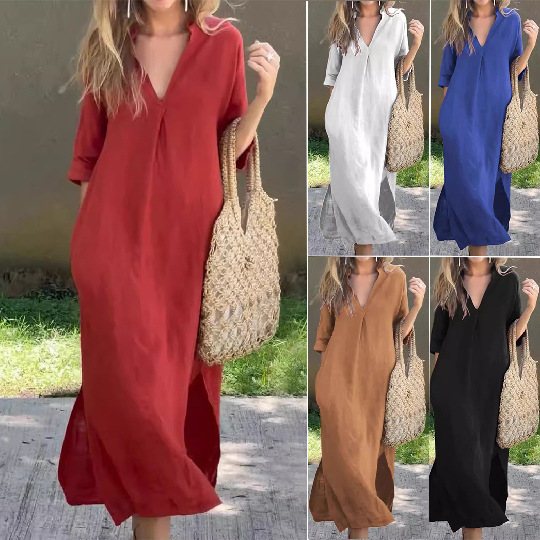 European and American Cross-Border Loose Casual Simple Dress with Side Slit Pockets and Three-Quarter Sleeves, New Long Dress 2026