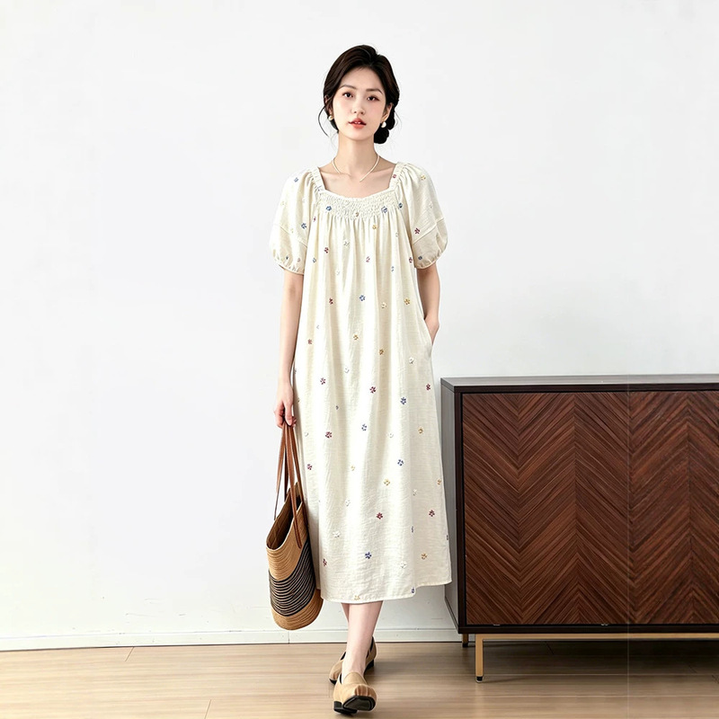 Maternity Dress for Summer, Square Neck, Puff Sleeves, Floral Embroidery, Long Dress, Loose Fit, Plus Size, Conceals Belly, Does Not Show Pregnancy, Mom-Friendly Maternity Dress for Summer, Square Neck, Puff Sleeves, Floral Embroidery, Long Dress, Loose Fit, Plus Size, Conceals Belly, Does Not Show Pregnancy, Mom-Friendly