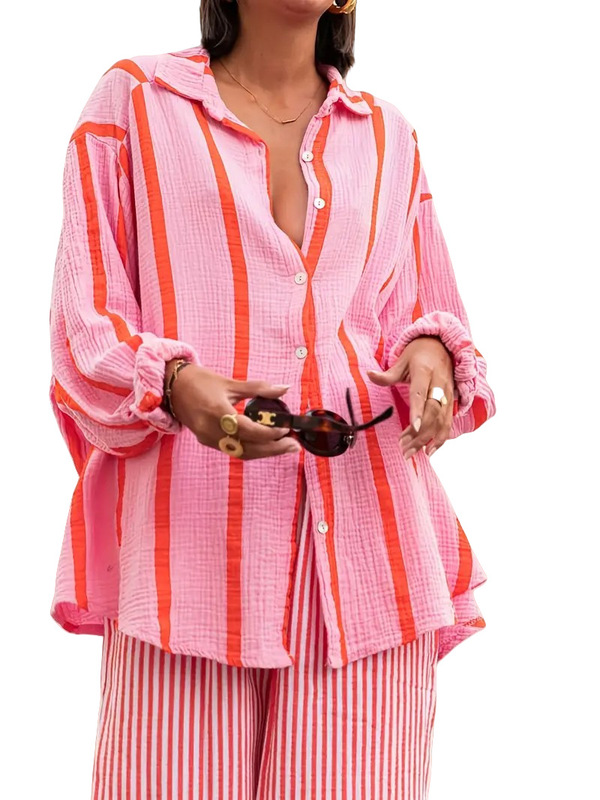 2025 ヨーロッパとアメリカのアマゾン独立ステーションクロスボーダー婦人服夏の新しいパーティーホリデーレジャーストライプルーズシャツ|undefined