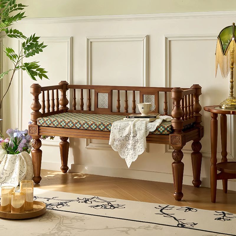 Vintage American-style bedside bench, country-style long bench, designer end-of-bed bench, French retro solid wood end-of-bed bench for bedroom