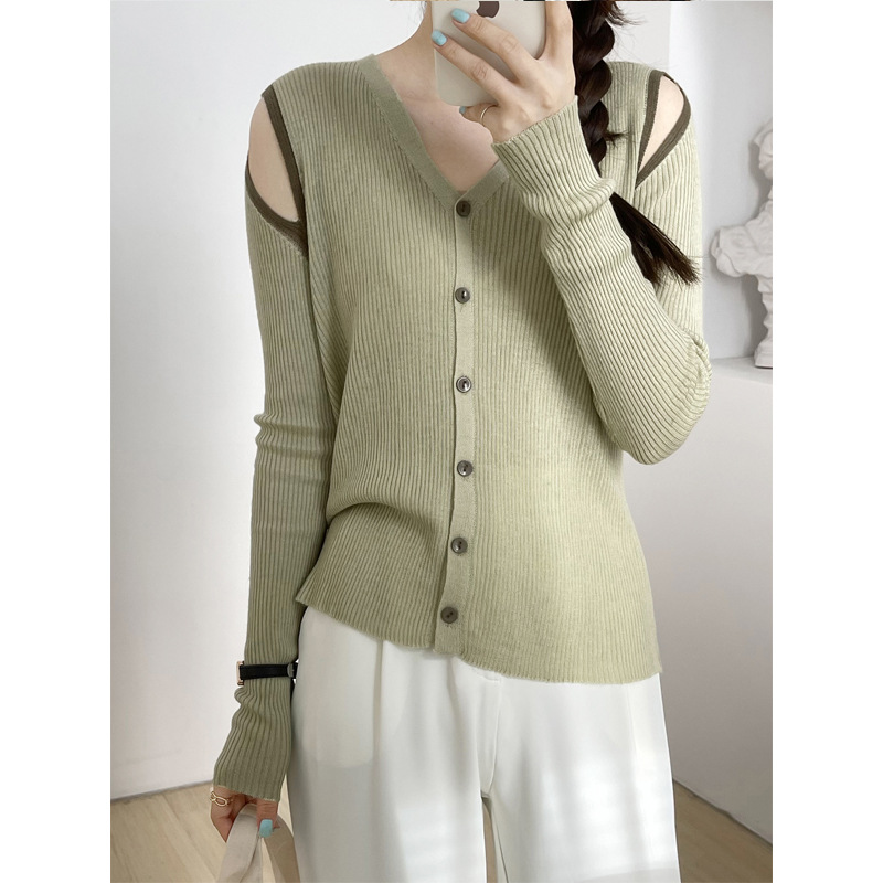 Orange 2021 autumn woman solid color round neck long sleeve shoulder knit sweater slim black temperament Slim stripe 813