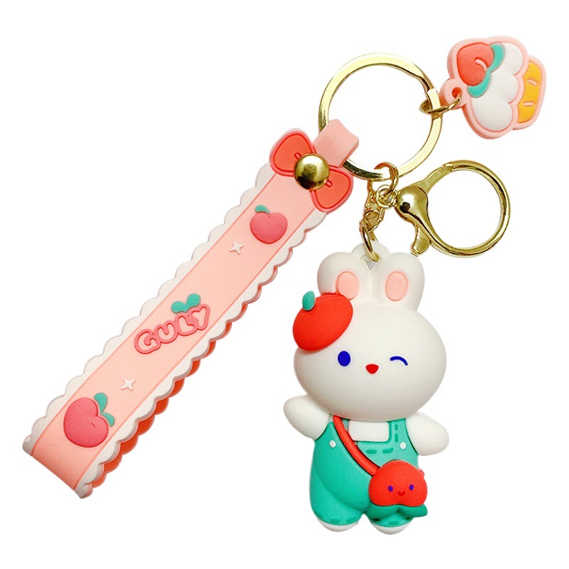 Lindo conejito muñeca llavero coche colgante simple dibujos animados conejo blanco muñeca llavero anillo pequeña joyería