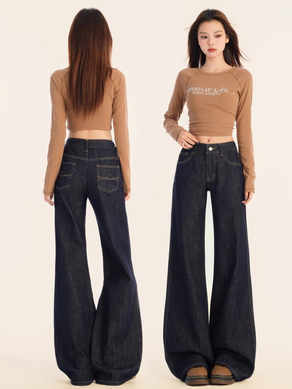 2025 New American Style Dark Blue Low-Waist Bootcut Jeans for Women, Loose and Slim Floor-Length Wide-Leg Pants for Small People