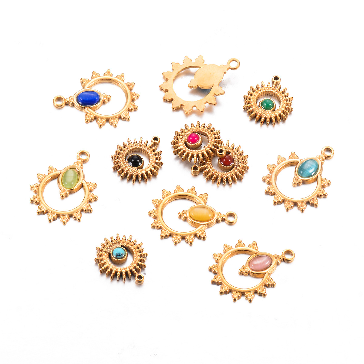 PVD Coated Gold Plating Process 5 PCS/Package Stainless Steel Natural Stone Round Pendant