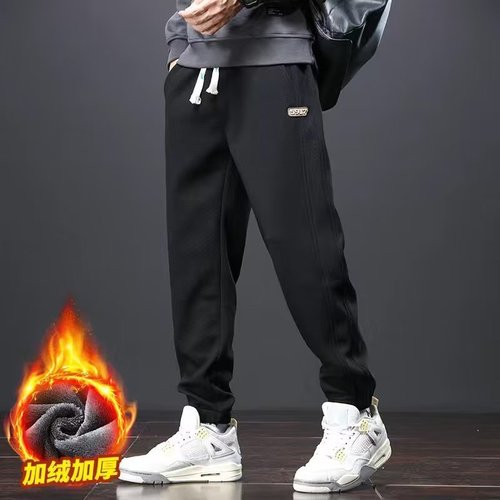 Men's sporty corduroy pants, autumn and winter workwear, trendy khaki color, men's casual ankle-length padded sweatpants
