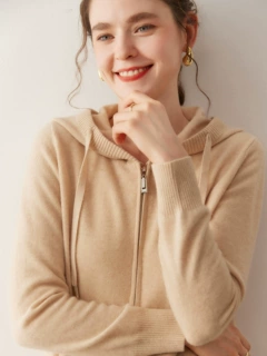 欧美风连帽羊绒针织开衫女春秋宽松时尚气质毛衣外套拉链帽衫卫衣
