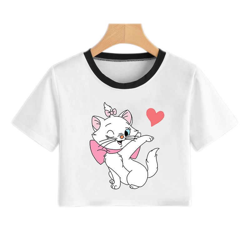 Crop Tops Cropped Summer Sexy Spice Girl Kitty Printed Ultra Short Navel Crewneck T-shirt for Women