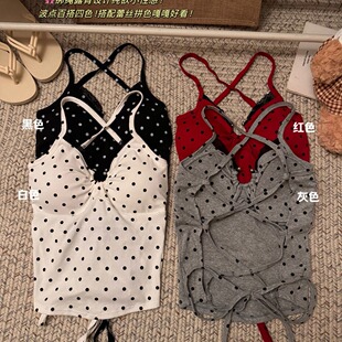 Hot Girls Pure Wish Wave Point Hanging Halter Vest Women's Belt Chest Pad Strap Beautiful Back Slim-fit Slimming Outer Wear Backless Top