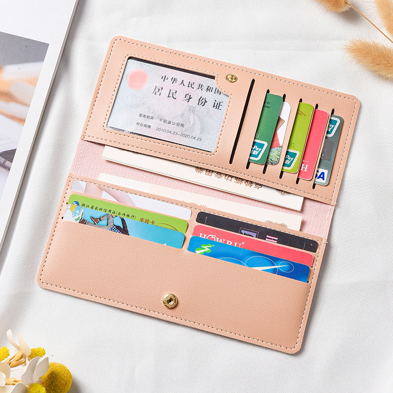 Cartera larga de color liso con diseño de patchwork para mujer, bolso de mano ligero con cierre, tarjetero con múltiples ranuras para tarjetas, cartera de cuero versátil y moderna.
